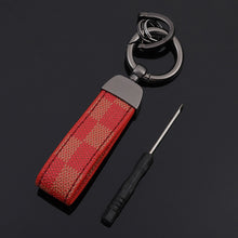 Load image into Gallery viewer, Red Blue Square Pattern Leather Keychain Luxury Old Flower Leather Circle Buckle Keychains Auto Car Waist Key Chain Keyholder